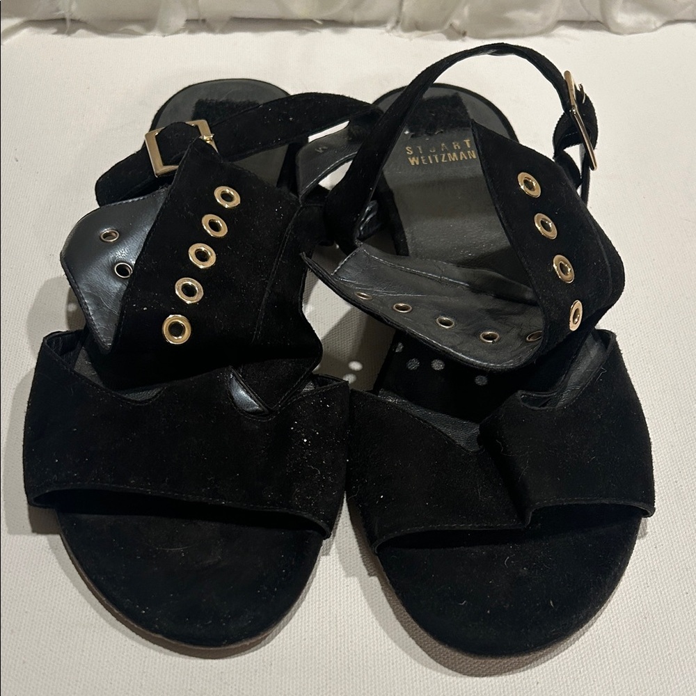 Stuart Weitzman Black Sandals with Gold Accents